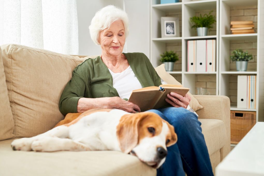 lady reading book next to dog